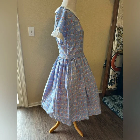 Bernie Dexter vintage 50s style MCM dress VLV pale blue rockets rockabilly - Picture 2 of 6